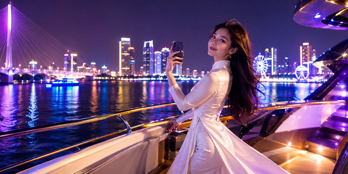 Người phụ nữ mặc áo dài Đà Nẵng đang trải nghiệm casino trực tuyến trên điện thoại di động