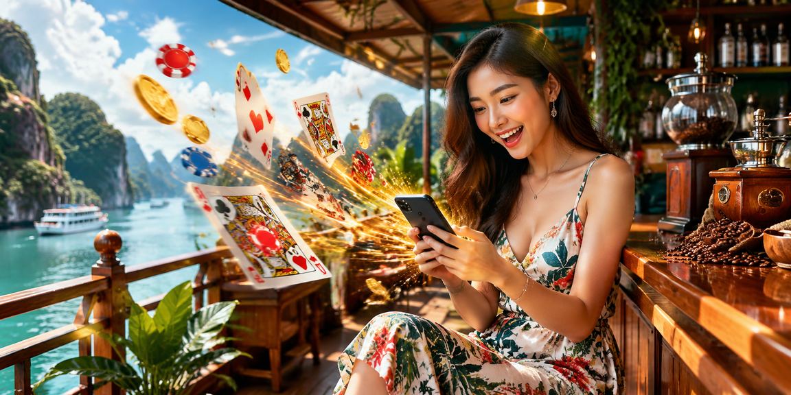 Người dùng vịnh Hạ Long thưởng thức game bài cùng tách cà phê buổi sáng